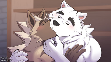 anthro blush duo fingers french_kissing kissing male male/male nude romantic size_difference tender tongue shirokoi temptations_ballad_(visual_novel) cole_(temptations_ballad) grank_(temptations_ballad) bear hyena mammal polar_bear striped_hyena ursine hi_res