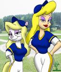 baseball_(sport) black_eyes blonde_hair blue_eyes clothing duo eyeshadow female fur hair hat headgear headwear lipstick makeup photo_background smile sport uniform white_body white_fur bigtyme animaniacs warner_brothers hello_nurse minerva_mink human mammal mink mustelid musteline true_musteline photography_(artwork)