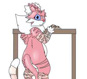 adolescent adolescent_anthro anthro blue_eyes butt candy caught_in_the_act chocolate chocolate_chip_cookie chocolate_chips cookie dessert digitigrade eyebrows fangs female food fur glistening glistening_body head_tuft heart_nose heart_symbol inner_ear_fluff looking_at_viewer mane markings multicolored_body multicolored_fur nude pink_body pink_fur simple_background slightly_chubby slightly_chubby_female sneaking sneaky solo stealing striped_markings stripes teeth tuft tufted_fur white_background young young_female justkittyful pseudo_kittiest domestic_cat felid feline felis mammal digital_media_(artwork) hi_res