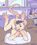 anthro arm_support bed bed_frame bedroom buckteeth butt calves_up cheek_tuft facial_tuft feet flower furniture hair hands_under_head headboard hindpaw inside lamp leaning_on_elbow looking_at_viewer lying male nude on_front pawpads paws pillow plant smile smiling_at_viewer soles solo tail teeth tuft vase window obrien_(artist) mammal murid murine rat rodent