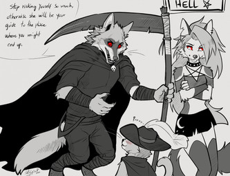 5_fingers anthro arm_wraps black_clothing blush bottomwear breasts cape claws cloak clothed clothing collar crop_top crossed_arms dialogue feather_hat female finger_claws fingers fur grey_body grey_fur group hair hat hat_feather headgear headwear holding_object holding_weapon humanoid_hands loose_feather male melee_weapon midriff navel open_mouth polearm purring red_eyes red_sclera scythe sharp_teeth shirt shorts shoulderless_shirt simple_background smile speech_bubble spiked_collar spikes standing teeth text topwear trio weapon whiskers white_background white_body white_eyes white_fur wraps tatujapa dreamworks hellaverse helluva_boss mythology puss_in_boots_(franchise) death_(puss_in_boots) loona_(helluva_boss) puss_in_boots_(dreamworks) canid canid_demon canine canis demon domestic_cat felid feline felis hellhound mammal mythological_canine mythological_creature wolf 2023 crossover digital_media_(artwork) english_text hi_res signature