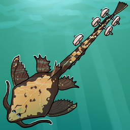 ambiguous_gender banjo_(instrument) barbel_(anatomy) blue_background blue_eyes brown_body dorsal_fin feral fin humor markings multicolored_body musical_instrument plucked_string_instrument pun simple_background solo string_instrument tail tail_fin two_tone_body underwater visual_pun water yellow_markings flamingpickle animate_inanimate aquatic banjo_catfish catfish fish 1:1