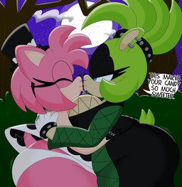 accessory alternative_fashion anthro big_breasts big_butt black_body black_clothing black_dress black_fur black_gloves black_handwear black_nose blue_eyes bodily_fluids bracelet breast_squish breasts breasts_frottage butt candy clothed clothing costume curvy_figure dessert detailed_background dress duo ear_piercing eyelashes eyes_closed female female/female food food_fetish food_play fur gloves goth green_body green_fur green_hair hair hair_accessory hair_tie half-closed_eyes halloween_costume handwear hat headband headgear headwear holidays hourglass_figure huge_breasts jewelry kissing moon motion_lines multicolored_body multicolored_fur narrowed_eyes panties piercing pink_body pink_fur pink_hair plant ring saliva sharing sharing_food short_hair short_tail shrub sky smile squish star starry_sky studded_bracelet studded_hair_tie studded_jewelry studs tail tan_body tan_fur text thick_thighs tied_hair toony two_tone_body two_tone_fur underwear voluptuous voluptuous_anthro voluptuous_female white_clothing white_gloves white_handwear white_panties white_underwear wide_hipped_anthro wide_hipped_female wide_hips 3barts halloween idw_publishing sega sonic_the_hedgehog_(comics) sonic_the_hedgehog_(idw) sonic_the_hedgehog_(series) amy_rose surge_the_tenrec afrosoricid eulipotyphlan hedgehog mammal tenrec 2025 absurd_res digital_drawing_(artwork) digital_media_(artwork) english_text hi_res