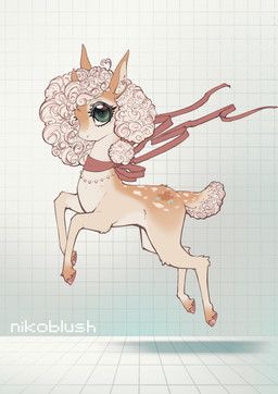 big_eyes bow_ribbon brown_body brown_fur colored_hooves curly_hair deer_spots ear_piercing female floating fur gem green_eyes hair hoof_polish horn jewelry looking_aside_at_viewer looking_at_viewer looking_up medium_hair multicolored_body multicolored_fur multicolored_hair necklace pearl_(gem) pearl_necklace piercing pink_hair ribbon_only scut_tail short_tail simple_background simple_coloring simple_face tail tan_body tan_fur thin_body two_tone_body two_tone_fur two_tone_hair unicorn_horn white_body white_fur white_hair conditional_dnp nikoyishi mythology bovid caprine deer equid equine horse hybrid mammal mythological_creature mythological_equine pony sheep unicorn 2026 absurd_res digital_drawing_(artwork) digital_media_(artwork) hi_res shaded simple_shading