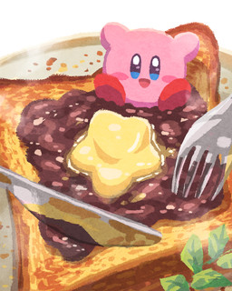 2_fingers ambiguous_gender black_eyes blue_eyes bread breakfast candy chocolate cutlery dessert earless feet filling_up fingers food fork glistening glistening_eyes happy in_food japanese japanese_food kitchen_utensils knife noseless not_furry on_food open_mouth pink_body plant raised_hand red_feet rosy_cheeks simple_background sitting sitting_on_food smile solo star text toast tongue tools white_background ara_love_kirby kirby_(series) nintendo kirby alien waddling_head 4:5 clip_studio_paint_(artwork) colored digital_drawing_(artwork) digital_media_(artwork) digital_painting_(artwork) hi_res japanese_description painting_(artwork)