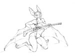 anthro bat_ears bikini breast_squish breasts clothing convenient_censorship digitigrade fangs female gun holding_gun holding_object holding_ranged_weapon holding_weapon kneeling looking_at_viewer membrane_(anatomy) membranous_wings navel nipples one-piece_swimsuit overbite_fang ranged_weapon rifle simple_background sling_bikini squish swimwear teeth two-piece_swimsuit weapon wings hotchkisstank bat mammal 2022 monochrome