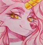 amber_eyes anthro eyelashes female hair horn pink_body pink_hair solo unicorn_horn sorafoxyteils rube_(sorafoxyteils) canid canine fox goo_creature hybrid mammal 2024 icon painting_(artwork) traditional_media_(artwork) watercolor_(artwork)