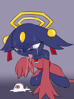 anthro black_body black_fur bodily_fluids clothed clothing crying drooling ear_piercing eyeball eyeshadow feathered_wings feathers female forehead_gem fur gem halo jewelry kneeling makeup piercing red_eyeshadow saliva solo tears wings lazza nine_sols red_candle_games goumang_(nine_sols) felid feline mammal solarian 3:4 hi_res