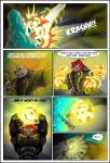 anthro bear clothing comic dialogue duo english_text felid fight fire frostbite_(rubberbuns) hi_res ice latex lion male mammal muscular muscular_male pantherine pecs polar_bear rubberbuns speech_bubble superhero text ursine wildfire_(rubberbuns)