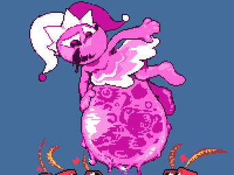 after_vore belly big_belly blue_background clothing female female_pred group hat headgear headwear overweight pink_body simple_background vore miner_mate_coffee deltarune undertale_(series) cuptain darkner mizzle_(deltarune) 2026 4:3 hi_res
