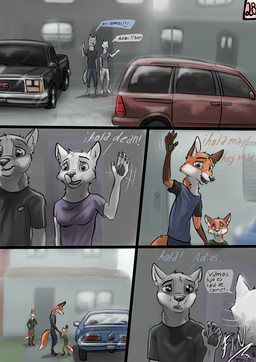 anthro brown_eyes car family female fur green_eyes greeting group light_truck male male/female pickup_truck size_difference street text truck vehicle white_body white_fur wolfyalex96 briana_(wolfyalex96) max_(wolfyalex96) canid canine canis fox mammal wolf hi_res spanish_text translated father_(lore) mother_(lore) parent_(lore) son_(lore)