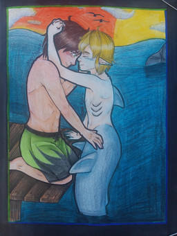 blonde_hair blush bottomwear brown_hair clothed clothing duo eyes_closed gills green_bottomwear green_clothing green_eyes green_shorts hair humanoid_pointy_ears male male/male medium_hair pale_skin pointy_ears rock sea short_hair shorts sunset swimming_trunks swimwear topless water jeztereddin attack_on_titan armin_arlert eren_jaeger ambient_bird human mammal shark_merfolk 2019 3:4