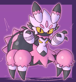 3_fingers ambiguous_gender antennae_(anatomy) arthropod_abdomen black_body black_exoskeleton dipstick_antennae exoskeleton featureless_crotch fingers front_view fur halftone_shading looking_at_viewer mouthless multicolored_antennae multicolored_body nipples nude pink_body pink_fur pupils purple_background simple_background slit_pupils solo standing three-quarter_view white_body white_exoskeleton yellow_eyes yellow_nipples lizardfungus cc-by-nc-nd creative_commons palworld pocketpair arachnid arthropod pal_(species) spider tarantriss taur 2025 aliasing binary_drawing digital_drawing_(artwork) digital_media_(artwork) full-length_portrait halftone portrait female_(lore)