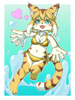 anthro bangs bikini biped blonde_hair blue_background blue_eyes blush border breasts brown_markings claws cleavage clothed clothing cute_fangs fangs feet female finger_claws front_view fur gold_bikini hair heart_symbol highlights_(coloring) inner_ear_fluff kemono looking_at_viewer markings midriff navel neck_tuft open_mouth open_smile reaching_towards_viewer side-tie_bikini side_bangs simple_background small_breasts smile smiling_at_viewer solo string_bikini swimwear teeth toe_claws tuft two-piece_swimsuit water white_body white_border white_fur white_highlights yellow_bikini yellow_body yellow_clothing yellow_fur yellow_swimwear gafu0320real cygames world_flipper mia_(world_flipper) felid mammal pantherine tiger 2025 3:4 digital_drawing_(artwork) digital_media_(artwork) full-length_portrait hi_res portrait signature