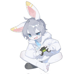anthro blue_clothing blue_eyes blue_topwear clothed clothing controller glistening glistening_eyes grey_hair hair holding_controller holding_object jacket male narrowed_eyes open_mouth pink_inner_ear pink_tongue simple_background sitting solo tongue topwear white_background white_body white_clothing white_jacket white_topwear young young_anthro young_male emolga_1 lagomorph leporid mammal rabbit 1:1 hi_res