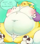 anthro belly big_belly big_breasts blue_eyes breasts female fur genitals hand_on_breast navel nipples obese obese_anthro obese_female overweight overweight_anthro overweight_female pussy solo text weight_gain white_body white_fur yellow_body yellow_fur tuzzleton bandai_namco digimon canid canine digimon_(species) mammal renamon english_text hi_res