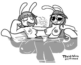 antennae_(anatomy) anthro big_breasts big_butt big_nipples blush bodily_fluids breasts butt clothing duo_focus eyebrows eyewear female glasses grin group hair hat headgear headwear hot_tub insect_wings mostly_nude nipples nude partially_submerged raised_eyebrow sitting small_breasts smile smirk sweat sweatdrop thick_thighs trio wings felino chloe_(lettuce) dj_ampie_(felino) ruby_(lettuce) alien arthropod bee hymenopteran insect 2026 monochrome restricted_palette sketch