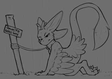 4_ears all_fours anthro big_tail black_sclera butt chest_tuft claws collar collar_only curling_toes digitigrade feathered_wings feathers feet fingers forest forest_background fur good_boy hair judging kneeling leash leashed_collar leashed_male long_tail looking_at_viewer male metal_collar multi_ear nature nature_background nude on_grass on_ground outside pawpads paws plant pole raised_tail side_view sign simple_background solo submissive submissive_anthro submissive_male tail text toe_claws toes tree tuft tufted_fur unimpressed winged_arms wings wood wooden_pole reetogoth qamito avali avian bird 2025 digital_drawing_(artwork) digital_media_(artwork) english_text monochrome sketch