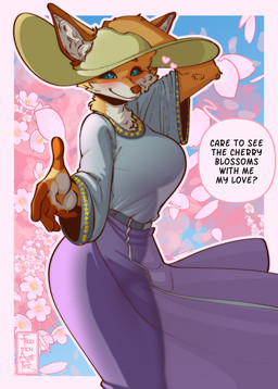 adeline_sablewood_(grimshire) anthro arm_outstretched belt biped blue_eyes blush breasts butt cherry_blossom clothed clothing detailed_background dialogue dress facial_tuft female fingers flower fur hand_on_head hat headgear headwear heart_symbol hearts_around_head holding_clothing holding_hat holding_headgear holding_headwear holding_object inner_ear_fluff looking_at_viewer multicolored_body multicolored_fur neck_tuft orange_body orange_fur pattern_clothing pattern_topwear plant prunus_(flower) purple_clothing purple_dress shirt smile speech_bubble standing sun_hat text topwear tuft wide_hips wind frozenartifice grimshire canid canine fox mammal 2026 absurd_res digital_media_(artwork) english_text hi_res