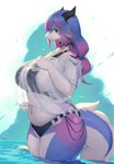 anthro belly big_breasts blue_eyes blue_hair breasts clothed clothing female hair horn kemono long_hair multicolored_hair navel partially_submerged purple_hair solo tail thick_thighs translucent translucent_clothing two_tone_hair water wet wet_body wet_clothing lcshian mythology lanya_(lcshian) dragon mythological_creature mythological_scalie scalie wingless_dragon 2023 hi_res