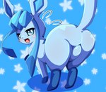 ambiguous_gender blue_body blush butt eeveelution featureless_crotch feral generation_4_pokemon glaceon hi_res looking_at_viewer looking_back looking_back_at_viewer mokotomuku77 nintendo open_mouth open_smile pokemon pokemon_(species) smile solo