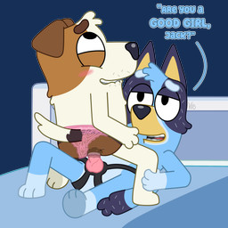 aged_up anal anal_penetration animal_dildo animal_sex_toy ankle_grab anthro bdsm bed bed_sheet bedding bent_leg bite biting_lip blue_body blue_fur blush bodily_fluids canine_dildo clothing clothing_aside cowgirl_position dialogue dildo dirty_talk dominant dominant_female duo eye_roll eyebrows eyes_rolled_up facial_hair female female_penetrating female_penetrating_male feminization from_front_position fur furniture gender_play genital_fluids gloves_(marking) good_girl greying_hair head_tuft kneeling knot knotted_dildo leg_grab leg_markings male male/female male_penetrated markings multicolored_body multicolored_fur object_in_ass on_bed on_bottom on_model on_top panties pegging penetration pink_clothing pink_panties pink_underwear raised_eyebrow roleplay sex sex_toy sex_toy_in_ass sex_toy_insertion simple_background sitting smile smiling_at_another smiling_at_partner socks_(marking) strapon submissive submissive_male teeth toying_partner transparent_background tuft underwear raznuviro bluey_(series) bluey_heeler jack_russell_(bluey) australian_cattle_dog canid canine canis cattledog domestic_dog herding_dog hunting_dog jack_russell_terrier mammal pastoral_dog terrier 1:1 alpha_channel hi_res