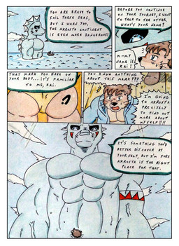 abs anthro barazoku biceps big_muscles big_pecs black_nose black_sclera blue_clothing blue_eyes blue_topwear border bottomwear brown_body brown_fur brown_hair butt butt_markings clothed clothing comic_panel day dialogue facial_markings fur glowing glowing_eyes hair head_markings high-angle_view huge_pecs jacket macro macro_anthro macro_male male manly markings multicolored_body multicolored_fur muscular muscular_anthro muscular_arms muscular_male open_clothing open_jacket open_topwear pecs sea ship sky speech_bubble teal_body text topwear tribal tribal_markings underwear vehicle veiny_arms water watercraft white_border dashthefox mythology kai_(dash_fox) aquatic aquatic_dragon dragon mammal mustelid mythological_creature mythological_scalie otter scalie absurd_res comic english_text hi_res traditional_media_(artwork)