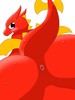 anthro anus backsack balls big_butt blush blush_lines bodily_fluids butt embarrassed genitals looking_back male nervous nude open_mouth presenting presenting_anus rear_view red_body red_tail simple_background solo sweat tail teeth wings yellow_wings drain_scat msi mythology lucky_(msi) dragon mythological_creature mythological_scalie reptile scalie 2023 3:4 hi_res
