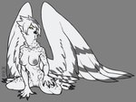 anthro avian_feet beak breasts feathered_wings feathers feet female genitals hair kneeling nipples non-mammal_breasts nude pussy solo spots talons toes white_body white_feathers white_hair wings yellow_eyes misericorde kelvin_(onom) avian bird horned_owl owl snowy_owl true_owl 4:3