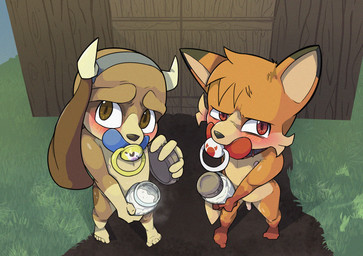 5_fingers 5_toes anthro balls blush bodily_fluids bottle brown_body brown_fur clothed clothing collar container cum duo embarrassed fake_horns feet fingers flaccid fur genital_fluids genitals holding_bottle holding_container holding_object looking_at_viewer male nipples object_in_mouth orange_body orange_fur outside pacifier pacifier_in_mouth penis tan_body tan_fur toes young young_anthro young_male lil5parrow disney the_fox_and_the_hound copper_(tfath) tod_(tfath) canid canine canis domestic_dog fox hunting_dog mammal red_fox scent_hound true_fox 2024 hi_res