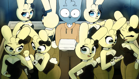anthro big_breasts bored breasts bunny_costume cleavage clothed clothing costume crowded curvy_figure elevator female fur grey_body grey_fur group happy harem looking_at_another male nylon smile surprised takeout_box text thick_thighs wide_eyed wide_hips yellow_body yellow_fur guak amy_hope_(guak) ronnie_(guak) lagomorph leporid mammal rabbit 7:4 absurd_res hi_res