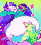 anthro belly belly_hug belly_smother big_belly burger duo eating face_in_belly food fur hair hug male obese overweight size_difference smile sparklefur weight_gain skymachine garth_(character) nolan_(character) canid canine canis domestic_dog husky hybrid mammal nordic_sled_dog spitz wolf colorful_theme hi_res