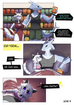anthro arm_around_partner bed bedding begging black_sclera blanket blue_body blue_eyes bottomwear breasts casual_clothing chips_(food) clean_lineart cleavage cleavage_cutout clothed clothing cutout dialogue dress duo everyday_life female food furniture grey_hair hair holding_food holding_object humor intimate long_tail looking_at_another love lying machine male male/female multiple_panels muscular muscular_male playful pleading_eyes purple_eyes romantic romantic_couple segmented_tail shirt shopping shorts simple_background sitting size_difference sleeveless_clothing slice_of_life slim slim_female smaller_female smug snack snack_food speech_bubble standing store tail tank_top text topwear under_covers white_body 10ne-v alexa_(10ne-v) aquatic canid canine carpet_shark fish fox ginglymostomatid living_machine mammal nurse_shark robot shark absurd_res colored comic hi_res spanish_text translated