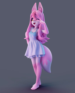 5_toes anthro barefoot clothing dress feet female fur gesture hair hand_gesture humanoid_feet long_hair pink_body pink_fur pink_hair plantigrade solo toes v_sign white_body white_fur kannonx brand_new_animal netflix studio_trigger nazuna_hiwatashi canid canine fox mammal 2021 3d_(artwork) 4:5 blender_(artwork) digital_media_(artwork) hi_res