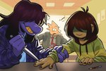 4_fingers anthro arm_grab classroom clothed clothing detailed_background eyewear female fingers freckles glasses group hair hair_over_eyes humor knife knife_game male necktie obscured_eyes pencil_(object) purple_body rectangular_glasses school smile trio worried angusburgers deltarune undertale_(series) alphys kris_(deltarune) susie_(deltarune) dinosaur human mammal prehistoric_species reptile scalie 2022 hi_res