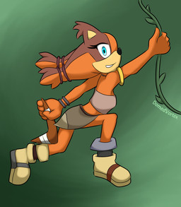 anthro blue_eyes boomerang bracelet brown_body brown_fur clothed clothed_anthro clothed_female clothing ear_tuft female footwear fur gradient_background green_background holding_boomerang holding_object holding_vine jewelry looking_at_viewer orange_body orange_fur plant shoes simple_background smile solo tan_body tan_fur text tuft vines domedvortex sega sonic_boom sonic_the_hedgehog_(series) sticks_the_jungle_badger badger mammal mustelid musteline artist_name hi_res