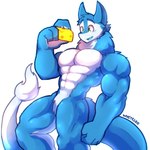 abs anthro blue_body blue_fur blue_tuft cheese dairy_products food fur green_eyes holding_food holding_object male multicolored_body multicolored_fur muscular nude pecs solo tail tail_tuft tuft two_tone_body two_tone_fur white_body white_fur whiteleo traviss_(character) sergal 1:1 hi_res