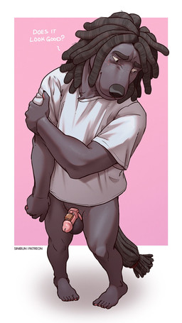 5_toes anthro balls border bottomless chastity_cage chastity_device clothed clothing dialogue dreadlocks feet genitals lock male padlock pink_background pink_chastity_cage shirt shirt_only shy simple_background solo toes topwear topwear_only white_border white_clothing white_shirt white_topwear sinibun_95 canid canine canis domestic_dog mammal 9:16 hi_res