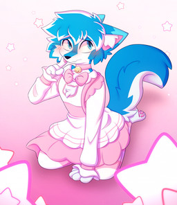 4_fingers anthro black_nose blue_body blue_eyes blue_fur blue_hair blush blush_lines cheek_tuft choker clothed clothing crossdressing dress embarrassed facial_tuft fingers fur hair inner_ear_fluff jewelry kneeling legwear looking_away maid_uniform male multicolored_body multicolored_fur multicolored_hair necklace pattern_clothing pattern_legwear pattern_stockings pawpads paws pink_choker pink_jewelry pink_necklace pink_pawpads short_hair snout solo stockings striped_clothing striped_legwear striped_stockings stripes tail tuft two_tone_body two_tone_fur two_tone_hair uniform white_body white_fur white_hair appliei canid canine mammal 2024 colored digital_drawing_(artwork) digital_media_(artwork) hi_res shaded