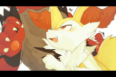 3_fingers 5_fingers ambiguous_gender anthro black_body black_fur blush bodily_fluids claws cute_fangs duo fangs fingers flying_sweatdrops fur grey_body grey_fur head_on_chest looking_up open_mouth orange_body orange_eyes orange_fur orange_nose red_body red_fur sweat sweatdrop teeth white_body white_fur yellow_body yellow_fur xripy nintendo pokemon braixen canid canine domestic_cat felid feline felis fox generation_6_pokemon generation_7_pokemon incineroar mammal pokemon_(species) hi_res