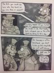 animatronic anthro bear bow_(feature) bow_tie clothing comic dialogue english_text five_nights_at_freddy's freddy_(fnaf) golden_freddy_(fnaf) hat headgear headwear hi_res machine male mammal monochrome necktie profanity robot scottgames teeth text uniparasite