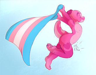 ambiguous_gender anthro barefoot eyebrows eyes_closed feet flag heart_pattern jumping lgbt_pride multicolored_body nude pride_colors simple_background smile solo transgender_pride_colors kemotobi tabia_(kemotobi) kobold scalie 2018