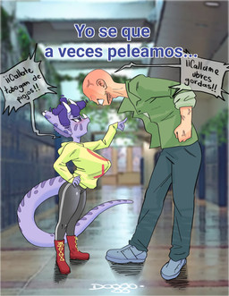 angry anthro argument big_breasts biped black_bottomwear black_clothing black_pants blush boots bottomwear breasts clenched_teeth clothed clothed_anthro clothed_female clothed_human clothed_male clothing cross-popping_vein dialogue duo facial_horn female fingers fist flustered footwear frill_(anatomy) gesture green_clothing green_jacket green_shirt green_topwear grey_bottomwear grey_clothing grey_pants hair hallway hand_gesture hand_on_hip hoodie horn humanoid_hands inside jacket long_tail male markings non-mammal_breasts open_clothing open_jacket open_topwear pants photo_background pointing pointing_at_another purple_body purple_eyes purple_hair red_boots red_clothing red_footwear school shirt shoes short_hair size_difference standing striped_markings stripes tail talking_to_another teeth text topwear yellow_clothing yellow_hoodie yellow_topwear doggonotebook cavemanon_studios goodbye_volcano_high ko_op_(game_developer) snoot_game anon_(snoot_game) trish_(gvh) ceratopsian ceratopsid chasmosaurine dinosaur human mammal marginocephalian ornithischian prehistoric_species reptile scalie triceratops 2026 absurd_res artist_name colored compression_artifacts digital_media_(artwork) hi_res mixed_media photography_(artwork) shaded spanish_text translated