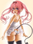 accessory blush bow_(feature) bow_accessory bow_ribbon butt clothed clothing fangs female hair hair_accessory hair_bow hair_ribbon legwear not_furry panties pink_hair purple_eyes ribbons simple_background skimpy solo spade_tail stockings stripes tail teeth underwear white_background kbtr to_love-ru nana_deviluke demon hi_res