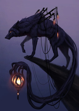ambiguous_gender black_nose feral fur glowing glowing_eyes lamp lantern no_sclera paws purple_background purple_body purple_fur simple_background solo jademerien canid canine canis mammal wolf 2017 digital_media_(artwork) hi_res