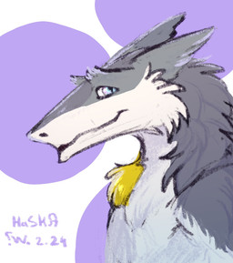 abstract_background chest_tuft fur looking_at_viewer male side_view smile solo tuft haska kel sergal hi_res