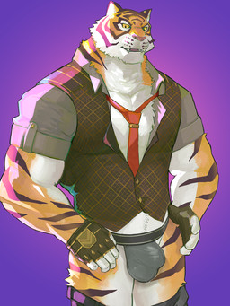 5_fingers accessory anthro biped black_bottomwear black_clothing black_eyes black_jockstrap black_pants black_underwear bottomwear bottomwear_down brown_body brown_fur brown_stripes bulge cheek_tuft clothed clothing detailed_bulge facial_markings facial_tuft fangs fingerless_gloves fingers fur gloves grey_clothing grey_jockstrap grey_underwear hand_on_hip hand_on_own_hip hands_on_own_hips handwear head_markings jockstrap light male male_anthro markings multicolored_body multicolored_clothing multicolored_fur multicolored_jockstrap multicolored_underwear muscular muscular_anthro muscular_male necktie open_mouth orange_body orange_fur pants pants_down partially_clothed partially_clothed_anthro partially_clothed_male pink_nose purple_background red_necktie shirt simple_background solo striped_body striped_face striped_fur striped_legs stripes teeth topwear tuft undershirt underwear vest white_body white_fur yellow_sclera fug@9 epic_games fortnite oscar_(fortnite) felid mammal pantherine tiger 2025 3:4 digital_media_(artwork) lighting