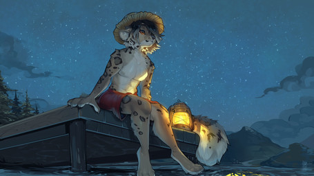 4_fingers 4_toes anthro areola biped brown_body brown_fur brown_spots brown_tail claws clothed clothed_anthro clothed_male clothing cloud feet finger_claws fingers front_view fur grey_hair hair hat headgear headwear male markings navel night nipples orange_eyes outside plant sitting sky solo spots spotted_body spotted_fur spotted_markings spotted_tail star tail tail_markings toe_claws toes tree water cocoline_(artist) kirimin felid mammal pantherine snow_leopard 2025 absurd_res digital_drawing_(artwork) digital_media_(artwork) hi_res widescreen