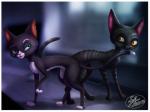 black_body black_fur border duo fangs female fur green_eyes grey_body grey_fur male teeth white_body white_border white_fur yellow_eyes fernando_faria bolt_(film) disney mittens_(bolt) domestic_cat felid feline felis mammal absurd_res hi_res