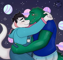 4_fingers 5_fingers anthro bent_arm black_eyebrows black_hair blue_bottomwear blue_clothing blue_hoodie blue_overalls blue_shirt blue_t-shirt blue_topwear blush bottomwear claws clothed clothed_anthro clothed_male clothing duo eyebrows eyes_closed finger_claws fingers fully_clothed fully_clothed_anthro fully_clothed_male green_body green_eyebrows green_scales green_tail grey_body grey_skin grey_tail hair heart_symbol hoodie hugging_partner interspecies kiss_on_lips kissing larger_anthro larger_male light logo long_tail looking_at_another looking_at_partner love macro male male/male outline overalls pink_sclera planet pockets red_eyes scales seam_(sewing) sharp_teeth shirt short_hair size_difference smaller_anthro smaller_male smile smiling_at_another smiling_at_each_other snake_hood space star t-shirt tail tan_claws teeth terra_macro topwear white_outline ractoons alligator alligatorid crocodilian reptile scalie snake 2020 artist_logo colored digital_drawing_(artwork) digital_media_(artwork) english_description hi_res lighting shaded spanish_description